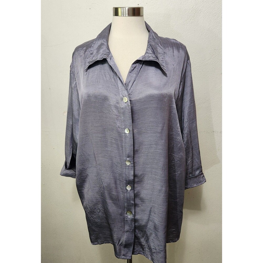 Fashion Bug Womens Top Blouse 26/28 Lavender Purple  Satiny Button Front 3/4 Sl